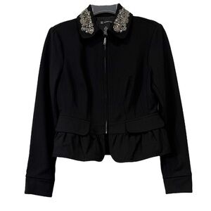 INC International Concepts Jacket Embellished Collar Peplum Blazer Black Small